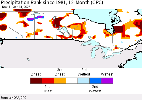 Canada Precipitation Rank since 1981, 12-Month (CPC) Thematic Map For 11/1/2022 - 10/31/2023
