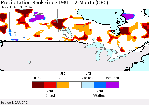 Canada Precipitation Rank since 1981, 12-Month (CPC) Thematic Map For 5/1/2023 - 4/30/2024