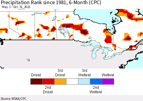 Canada Precipitation Rank since 1981, 6-Month (CPC) Thematic Map For 5/1/2021 - 10/31/2021