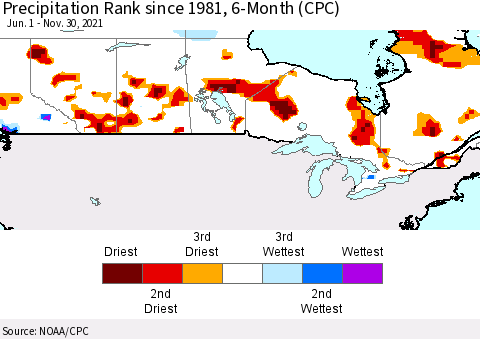 Canada Precipitation Rank since 1981, 6-Month (CPC) Thematic Map For 6/1/2021 - 11/30/2021