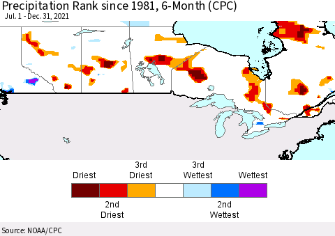 Canada Precipitation Rank since 1981, 6-Month (CPC) Thematic Map For 7/1/2021 - 12/31/2021