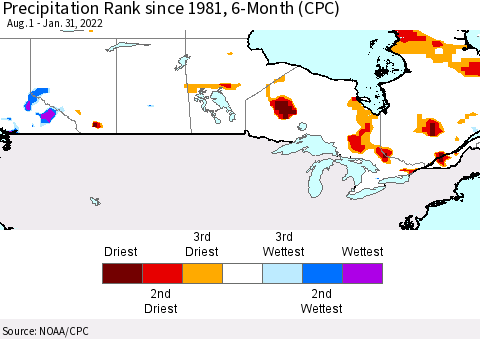 Canada Precipitation Rank since 1981, 6-Month (CPC) Thematic Map For 8/1/2021 - 1/31/2022