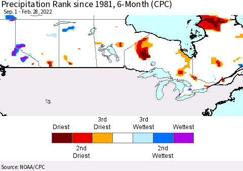 Canada Precipitation Rank since 1981, 6-Month (CPC) Thematic Map For 9/1/2021 - 2/28/2022