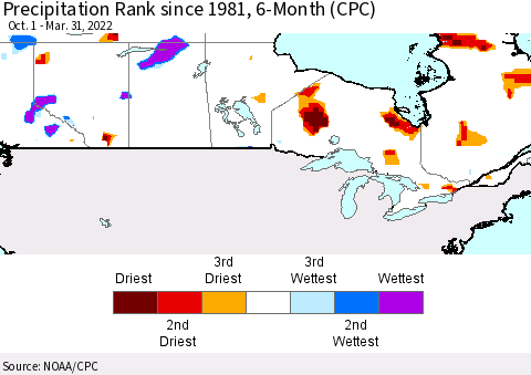 Canada Precipitation Rank since 1981, 6-Month (CPC) Thematic Map For 10/1/2021 - 3/31/2022