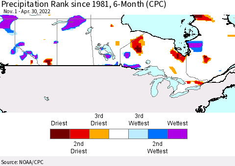 Canada Precipitation Rank since 1981, 6-Month (CPC) Thematic Map For 11/1/2021 - 4/30/2022