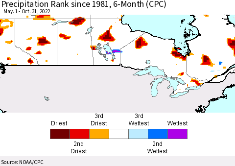 Canada Precipitation Rank since 1981, 6-Month (CPC) Thematic Map For 5/1/2022 - 10/31/2022