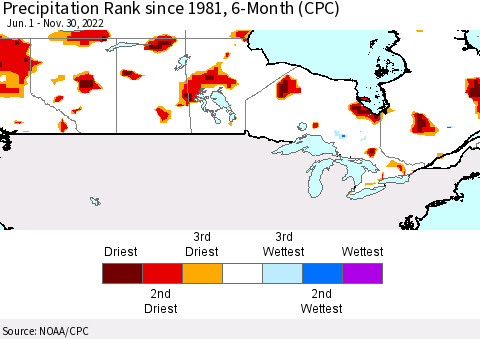 Canada Precipitation Rank since 1981, 6-Month (CPC) Thematic Map For 6/1/2022 - 11/30/2022