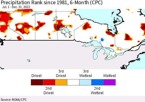 Canada Precipitation Rank since 1981, 6-Month (CPC) Thematic Map For 7/1/2022 - 12/31/2022