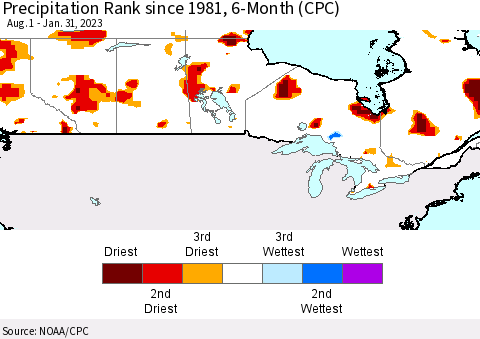 Canada Precipitation Rank since 1981, 6-Month (CPC) Thematic Map For 8/1/2022 - 1/31/2023