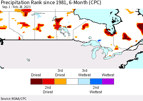 Canada Precipitation Rank since 1981, 6-Month (CPC) Thematic Map For 9/1/2022 - 2/28/2023
