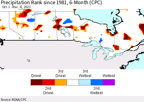 Canada Precipitation Rank since 1981, 6-Month (CPC) Thematic Map For 10/1/2022 - 3/31/2023