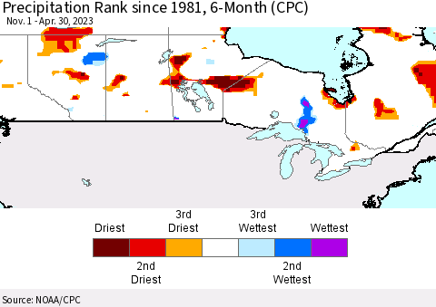 Canada Precipitation Rank since 1981, 6-Month (CPC) Thematic Map For 11/1/2022 - 4/30/2023