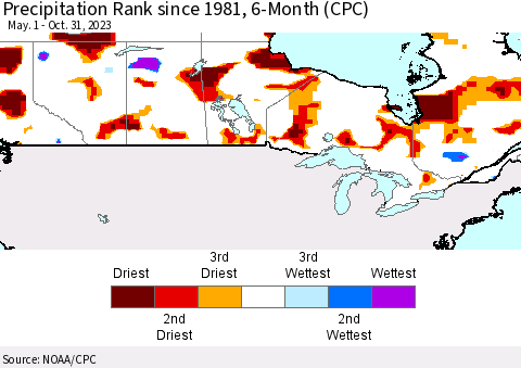 Canada Precipitation Rank since 1981, 6-Month (CPC) Thematic Map For 5/1/2023 - 10/31/2023