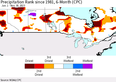 Canada Precipitation Rank since 1981, 6-Month (CPC) Thematic Map For 6/1/2023 - 11/30/2023