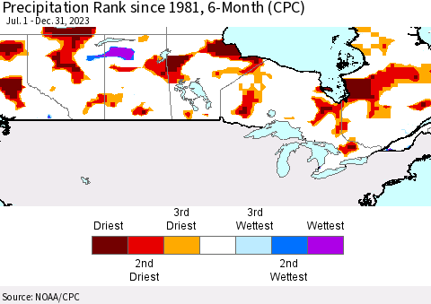 Canada Precipitation Rank since 1981, 6-Month (CPC) Thematic Map For 7/1/2023 - 12/31/2023
