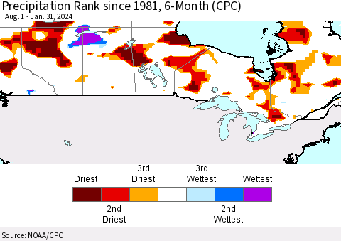 Canada Precipitation Rank since 1981, 6-Month (CPC) Thematic Map For 8/1/2023 - 1/31/2024