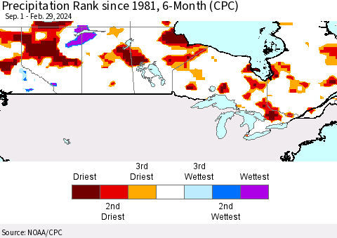 Canada Precipitation Rank since 1981, 6-Month (CPC) Thematic Map For 9/1/2023 - 2/29/2024