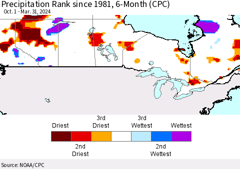 Canada Precipitation Rank since 1981, 6-Month (CPC) Thematic Map For 10/1/2023 - 3/31/2024