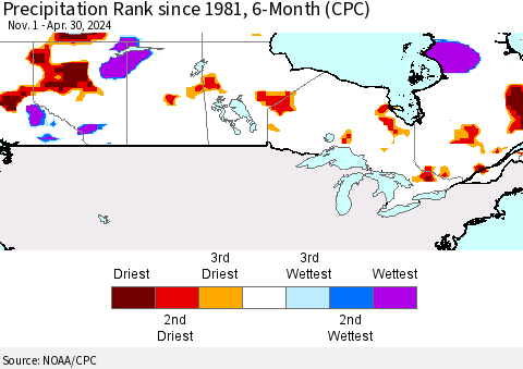 Canada Precipitation Rank since 1981, 6-Month (CPC) Thematic Map For 11/1/2023 - 4/30/2024