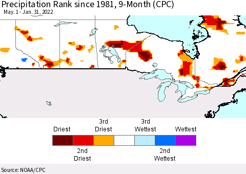 Canada Precipitation Rank since 1981, 9-Month (CPC) Thematic Map For 5/1/2021 - 1/31/2022