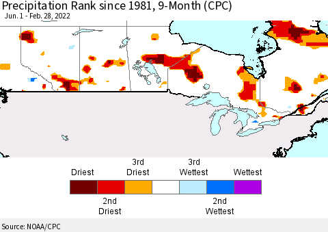 Canada Precipitation Rank since 1981, 9-Month (CPC) Thematic Map For 6/1/2021 - 2/28/2022
