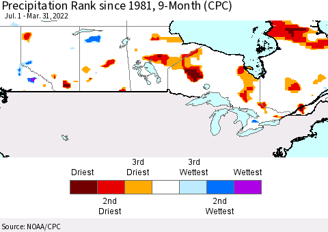 Canada Precipitation Rank since 1981, 9-Month (CPC) Thematic Map For 7/1/2021 - 3/31/2022