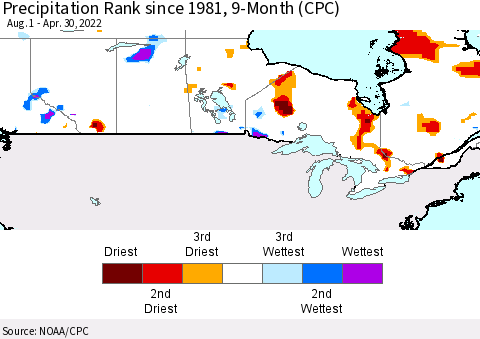 Canada Precipitation Rank since 1981, 9-Month (CPC) Thematic Map For 8/1/2021 - 4/30/2022