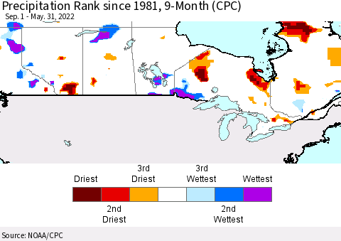 Canada Precipitation Rank since 1981, 9-Month (CPC) Thematic Map For 9/1/2021 - 5/31/2022