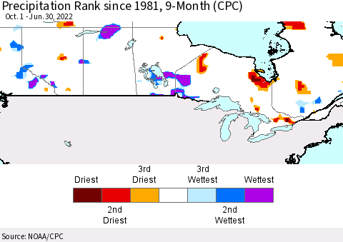 Canada Precipitation Rank since 1981, 9-Month (CPC) Thematic Map For 10/1/2021 - 6/30/2022