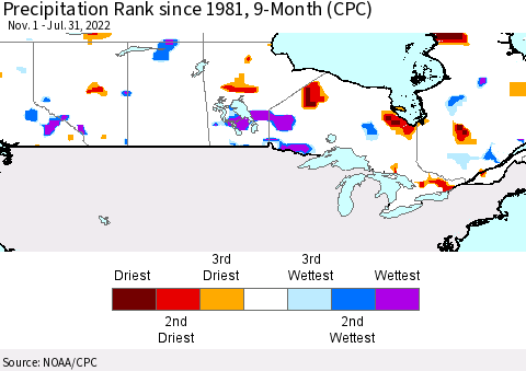 Canada Precipitation Rank since 1981, 9-Month (CPC) Thematic Map For 11/1/2021 - 7/31/2022