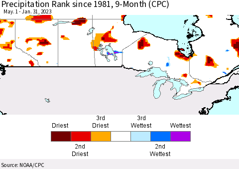 Canada Precipitation Rank since 1981, 9-Month (CPC) Thematic Map For 5/1/2022 - 1/31/2023