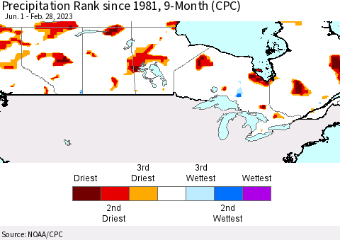 Canada Precipitation Rank since 1981, 9-Month (CPC) Thematic Map For 6/1/2022 - 2/28/2023