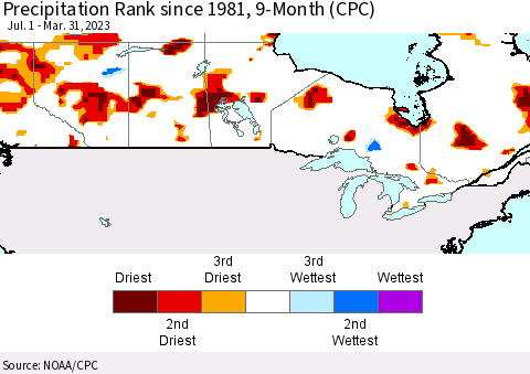 Canada Precipitation Rank since 1981, 9-Month (CPC) Thematic Map For 7/1/2022 - 3/31/2023
