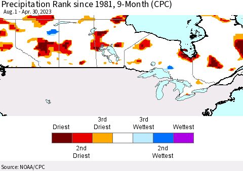 Canada Precipitation Rank since 1981, 9-Month (CPC) Thematic Map For 8/1/2022 - 4/30/2023