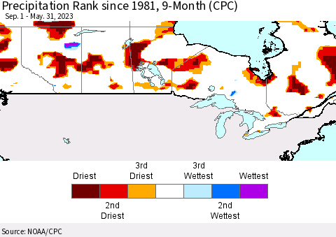 Canada Precipitation Rank since 1981, 9-Month (CPC) Thematic Map For 9/1/2022 - 5/31/2023