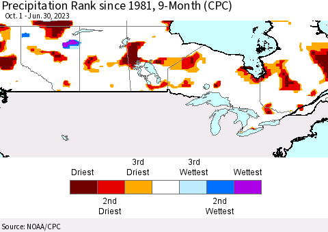 Canada Precipitation Rank since 1981, 9-Month (CPC) Thematic Map For 10/1/2022 - 6/30/2023