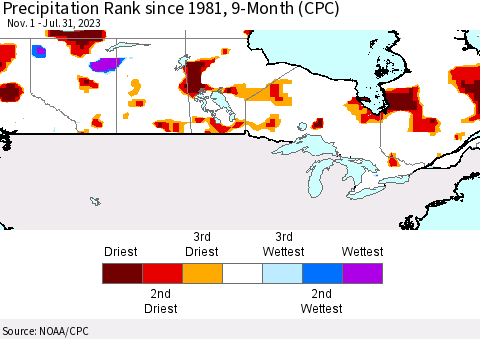 Canada Precipitation Rank since 1981, 9-Month (CPC) Thematic Map For 11/1/2022 - 7/31/2023