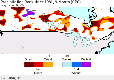 Canada Precipitation Rank since 1981, 9-Month (CPC) Thematic Map For 5/1/2023 - 1/31/2024