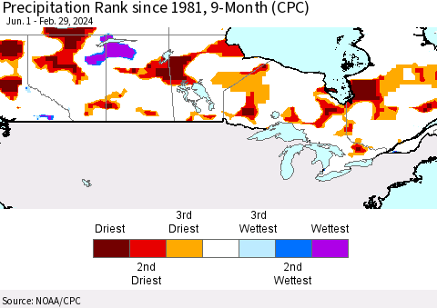 Canada Precipitation Rank since 1981, 9-Month (CPC) Thematic Map For 6/1/2023 - 2/29/2024