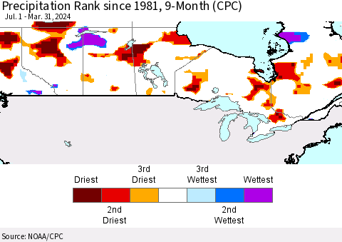 Canada Precipitation Rank since 1981, 9-Month (CPC) Thematic Map For 7/1/2023 - 3/31/2024