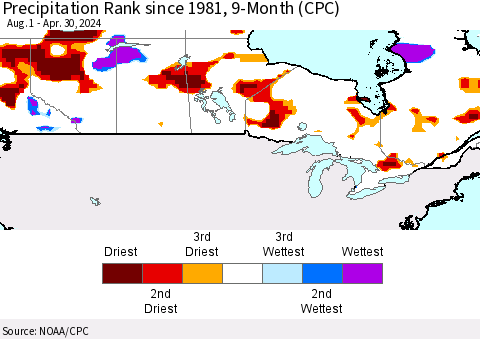 Canada Precipitation Rank since 1981, 9-Month (CPC) Thematic Map For 8/1/2023 - 4/30/2024