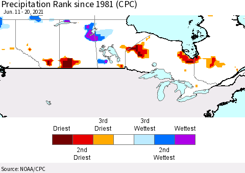 Canada Precipitation Rank since 1981 (CPC) Thematic Map For 6/11/2021 - 6/20/2021