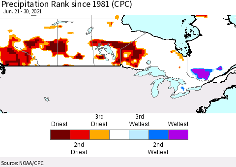 Canada Precipitation Rank since 1981 (CPC) Thematic Map For 6/21/2021 - 6/30/2021