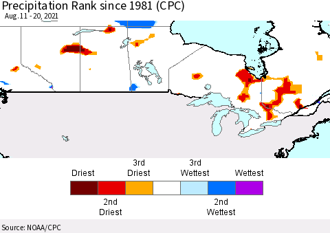 Canada Precipitation Rank since 1981 (CPC) Thematic Map For 8/11/2021 - 8/20/2021