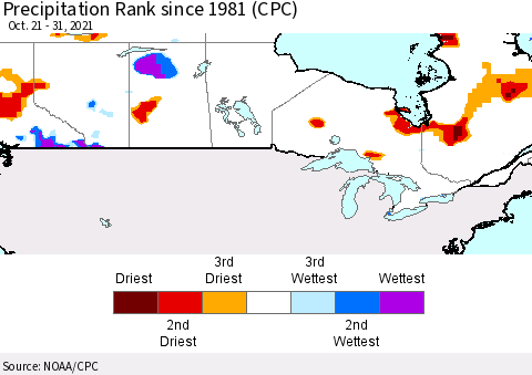 Canada Precipitation Rank since 1981 (CPC) Thematic Map For 10/21/2021 - 10/31/2021