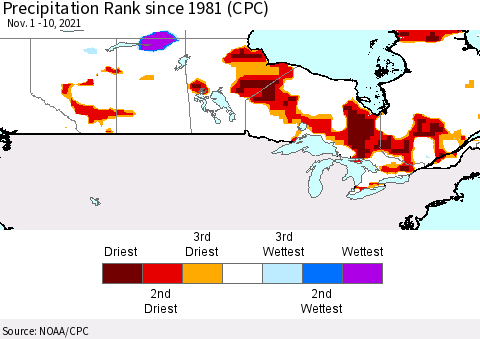 Canada Precipitation Rank since 1981 (CPC) Thematic Map For 11/1/2021 - 11/10/2021