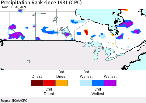 Canada Precipitation Rank since 1981 (CPC) Thematic Map For 11/11/2021 - 11/20/2021