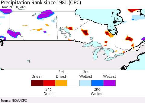 Canada Precipitation Rank since 1981 (CPC) Thematic Map For 11/21/2021 - 11/30/2021
