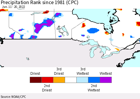 Canada Precipitation Rank since 1981 (CPC) Thematic Map For 6/11/2022 - 6/20/2022