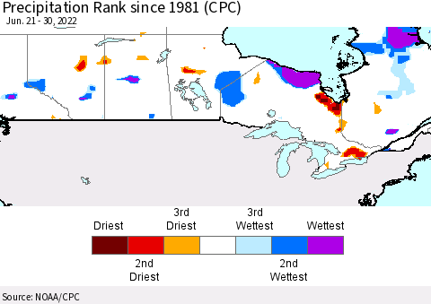 Canada Precipitation Rank since 1981 (CPC) Thematic Map For 6/21/2022 - 6/30/2022